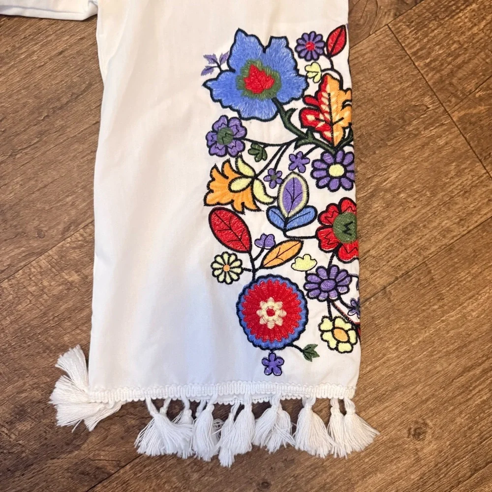 ESQ Embroidered Boho Midi Dress Women’s Small White Floral Tassel - Picture 7 of 9